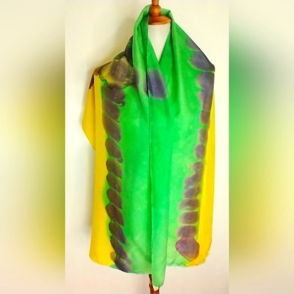 GREEN YELLOW PURPLE LONG SILK SCARF - Picture 1 of 7